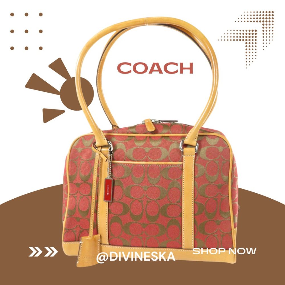 AUTH RARE Coach Tote Bag Signature Canvas x Leather Red-Brown F1R-6097